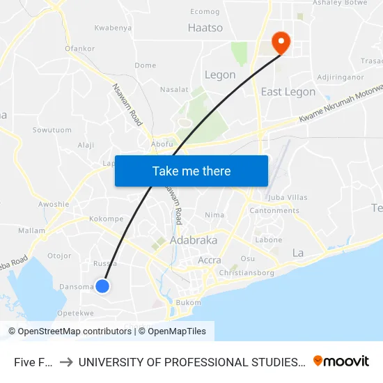 Five Five to UNIVERSITY OF PROFESSIONAL STUDIES (UPSA) map