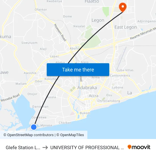 Glefe Station Last Stop to UNIVERSITY OF PROFESSIONAL STUDIES (UPSA) map