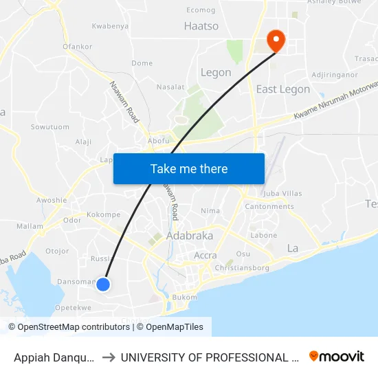 Appiah Danquah/Soko to UNIVERSITY OF PROFESSIONAL STUDIES (UPSA) map
