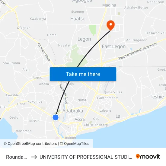 Roundabout to UNIVERSITY OF PROFESSIONAL STUDIES (UPSA) map
