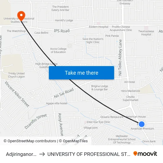 Adjiringanor Curve to UNIVERSITY OF PROFESSIONAL STUDIES (UPSA) map