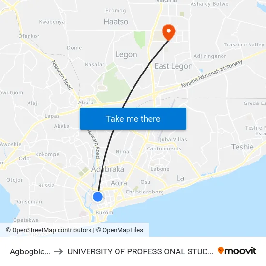 Agbogbloshie to UNIVERSITY OF PROFESSIONAL STUDIES (UPSA) map