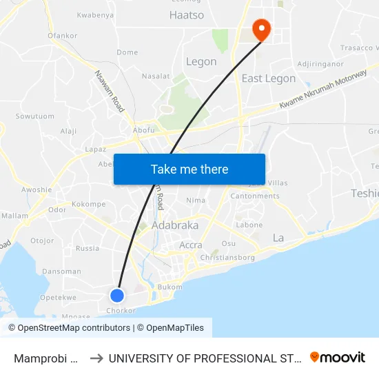 Mamprobi Station to UNIVERSITY OF PROFESSIONAL STUDIES (UPSA) map