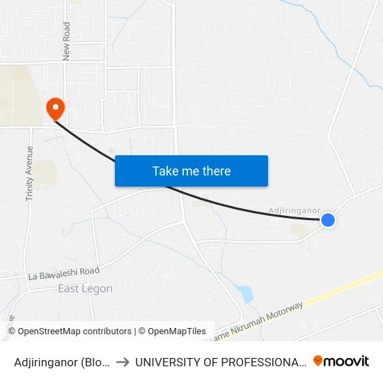 Adjiringanor (Block Factory) to UNIVERSITY OF PROFESSIONAL STUDIES (UPSA) map