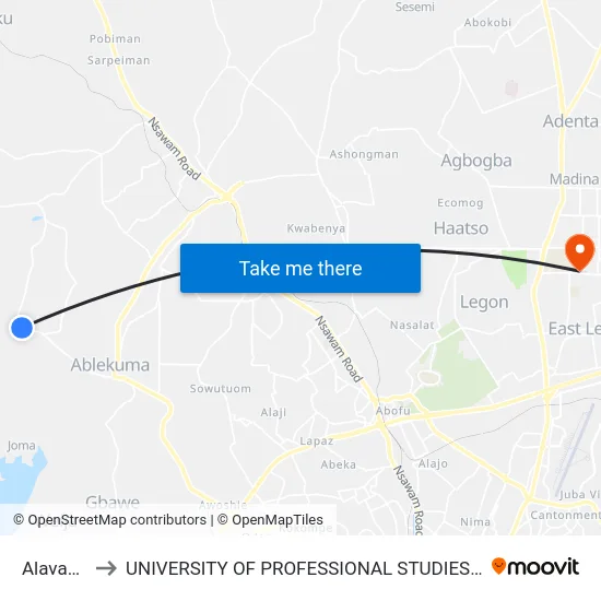 Alavanyo to UNIVERSITY OF PROFESSIONAL STUDIES (UPSA) map