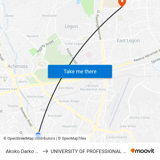 Akoko Darko Junction to UNIVERSITY OF PROFESSIONAL STUDIES (UPSA) map