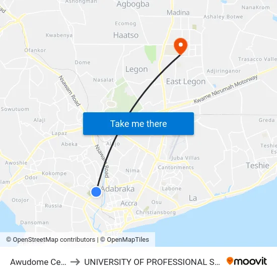 Awudome Cemetery to UNIVERSITY OF PROFESSIONAL STUDIES (UPSA) map