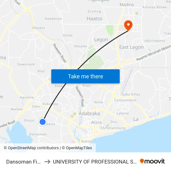 Dansoman First Stop to UNIVERSITY OF PROFESSIONAL STUDIES (UPSA) map