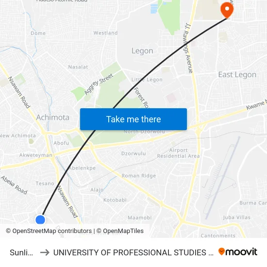 Sunlight to UNIVERSITY OF PROFESSIONAL STUDIES (UPSA) map