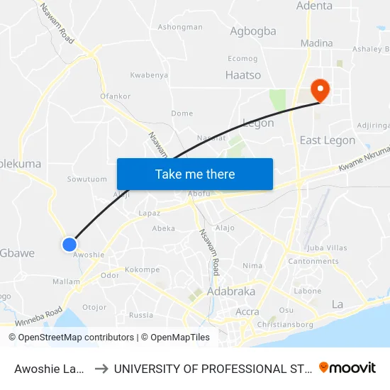Awoshie Last Stop to UNIVERSITY OF PROFESSIONAL STUDIES (UPSA) map