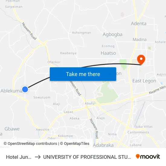 Hotel Junction to UNIVERSITY OF PROFESSIONAL STUDIES (UPSA) map