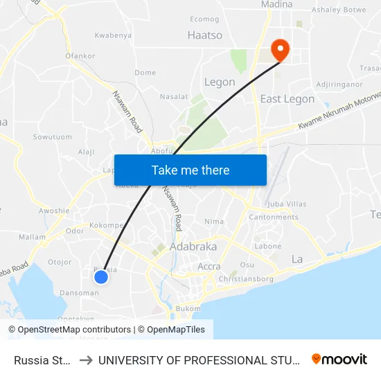 Russia Station to UNIVERSITY OF PROFESSIONAL STUDIES (UPSA) map
