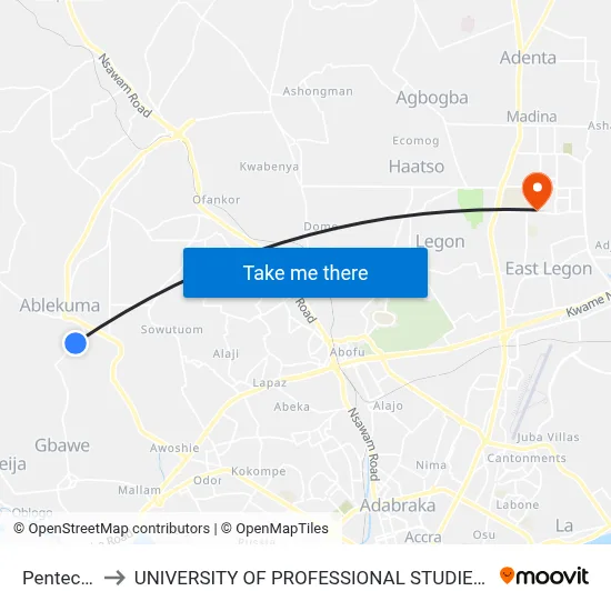 Pentecost to UNIVERSITY OF PROFESSIONAL STUDIES (UPSA) map