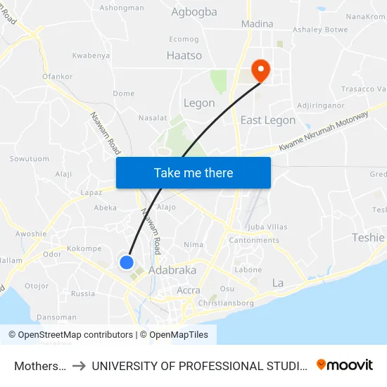 Mothers Inn to UNIVERSITY OF PROFESSIONAL STUDIES (UPSA) map