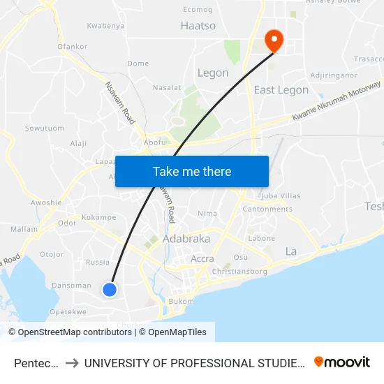 Pentecost to UNIVERSITY OF PROFESSIONAL STUDIES (UPSA) map
