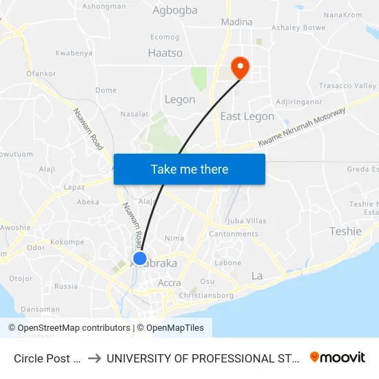 Circle Post Office to UNIVERSITY OF PROFESSIONAL STUDIES (UPSA) map