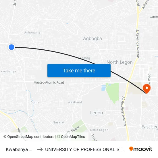 Kwabenya Market to UNIVERSITY OF PROFESSIONAL STUDIES (UPSA) map