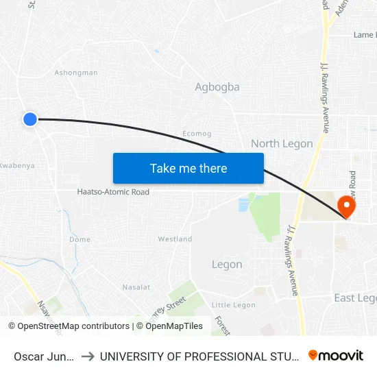 Oscar Junction to UNIVERSITY OF PROFESSIONAL STUDIES (UPSA) map