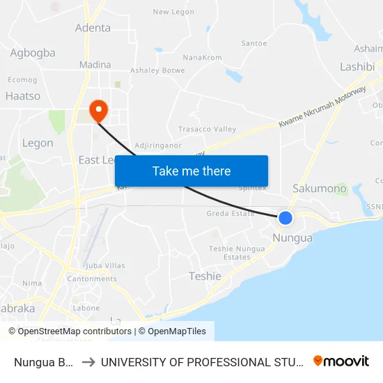 Nungua Barrier to UNIVERSITY OF PROFESSIONAL STUDIES (UPSA) map