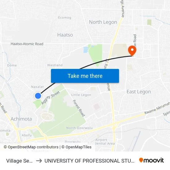 Village Second to UNIVERSITY OF PROFESSIONAL STUDIES (UPSA) map
