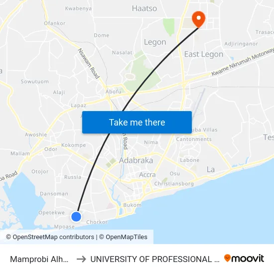 Mamprobi Alhaji Station to UNIVERSITY OF PROFESSIONAL STUDIES (UPSA) map