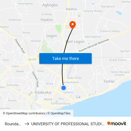 Roundabout to UNIVERSITY OF PROFESSIONAL STUDIES (UPSA) map