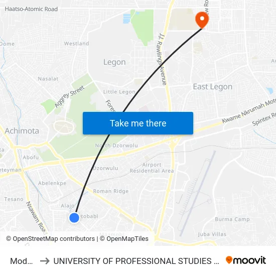 Modest to UNIVERSITY OF PROFESSIONAL STUDIES (UPSA) map