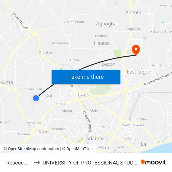 Rescue Point to UNIVERSITY OF PROFESSIONAL STUDIES (UPSA) map