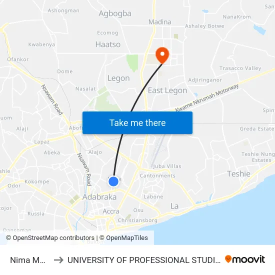 Nima Market to UNIVERSITY OF PROFESSIONAL STUDIES (UPSA) map