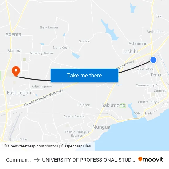 Community 9 to UNIVERSITY OF PROFESSIONAL STUDIES (UPSA) map
