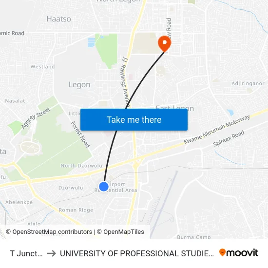 T Junction to UNIVERSITY OF PROFESSIONAL STUDIES (UPSA) map