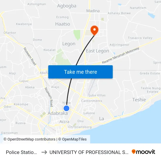 Police Station Kanda to UNIVERSITY OF PROFESSIONAL STUDIES (UPSA) map