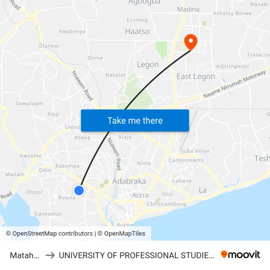 Mataheko to UNIVERSITY OF PROFESSIONAL STUDIES (UPSA) map