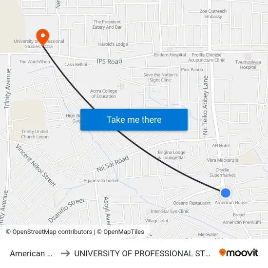 American House to UNIVERSITY OF PROFESSIONAL STUDIES (UPSA) map