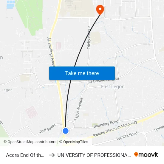 Accra End Of the Motorway to UNIVERSITY OF PROFESSIONAL STUDIES (UPSA) map