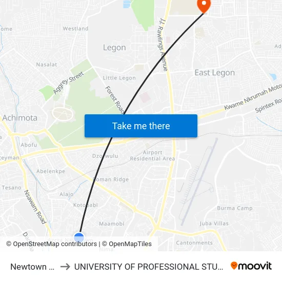 Newtown Total to UNIVERSITY OF PROFESSIONAL STUDIES (UPSA) map