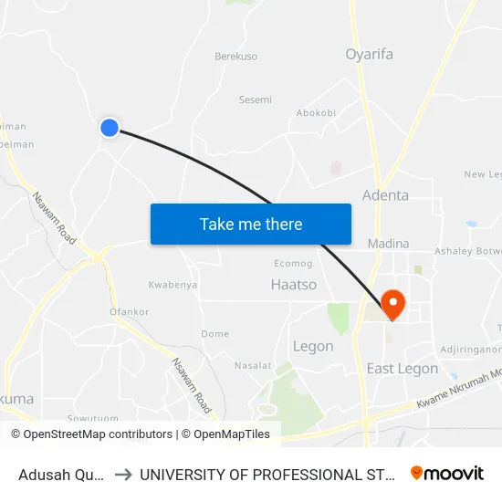 Adusah Quarters to UNIVERSITY OF PROFESSIONAL STUDIES (UPSA) map