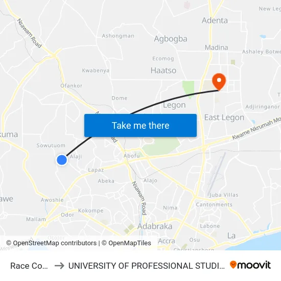 Race Course to UNIVERSITY OF PROFESSIONAL STUDIES (UPSA) map