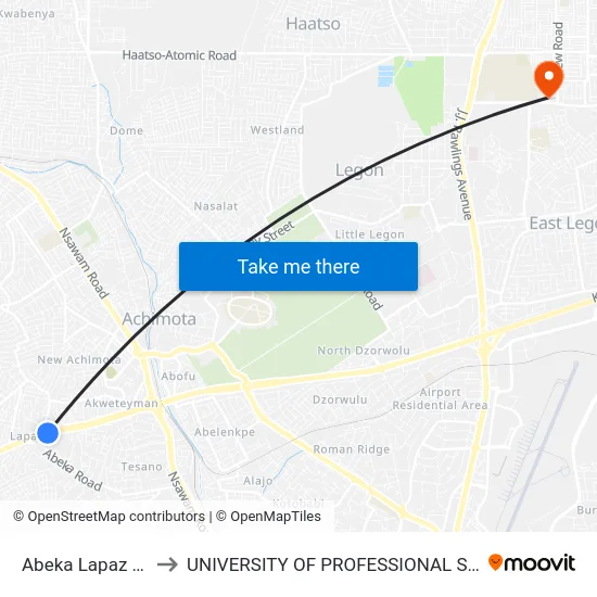 Abeka Lapaz (Nii Boi) to UNIVERSITY OF PROFESSIONAL STUDIES (UPSA) map