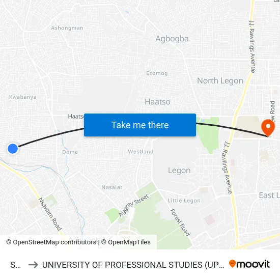 Sda to UNIVERSITY OF PROFESSIONAL STUDIES (UPSA) map