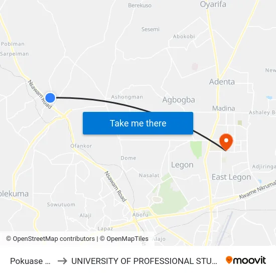 Pokuase Agric to UNIVERSITY OF PROFESSIONAL STUDIES (UPSA) map