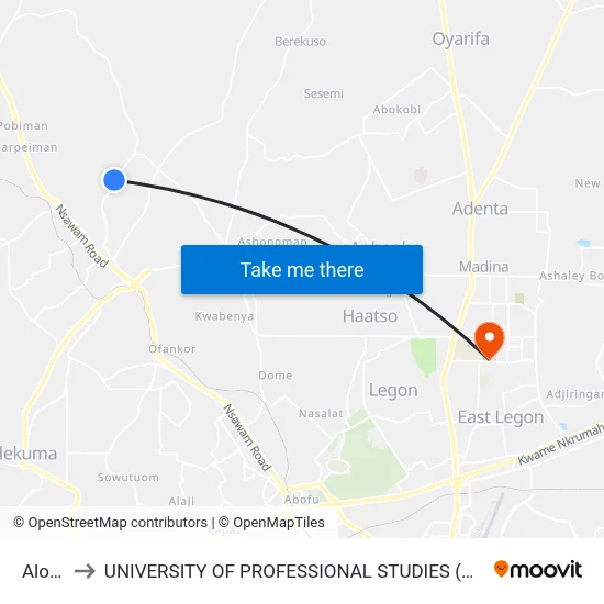 Alosa to UNIVERSITY OF PROFESSIONAL STUDIES (UPSA) map