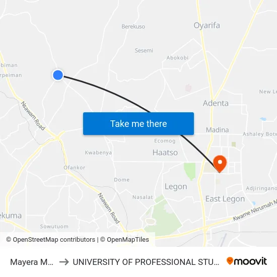 Mayera Market to UNIVERSITY OF PROFESSIONAL STUDIES (UPSA) map