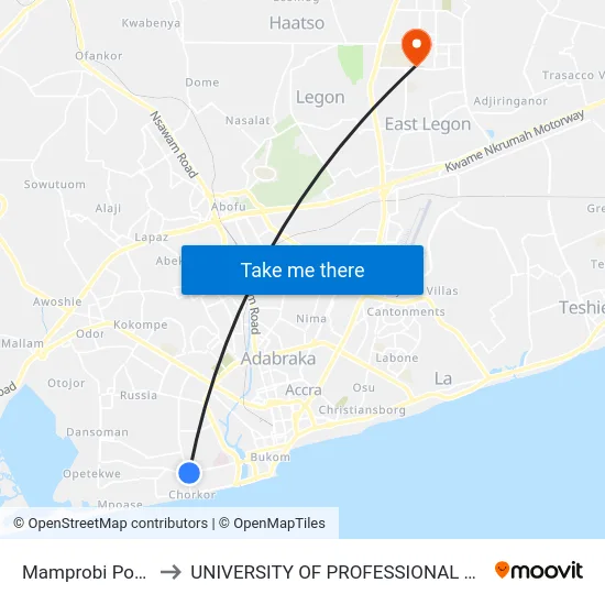 Mamprobi Post Office to UNIVERSITY OF PROFESSIONAL STUDIES (UPSA) map