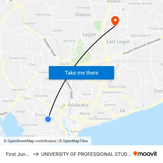 First Junction to UNIVERSITY OF PROFESSIONAL STUDIES (UPSA) map