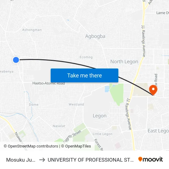 Mosuku Junction to UNIVERSITY OF PROFESSIONAL STUDIES (UPSA) map