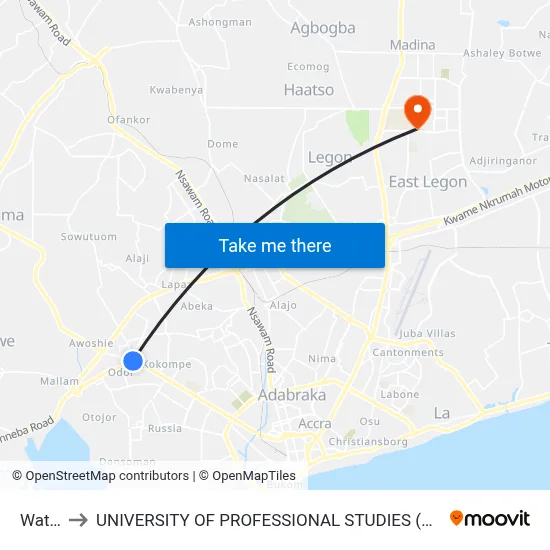 Water to UNIVERSITY OF PROFESSIONAL STUDIES (UPSA) map