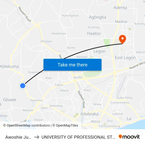 Awoshie Junction to UNIVERSITY OF PROFESSIONAL STUDIES (UPSA) map
