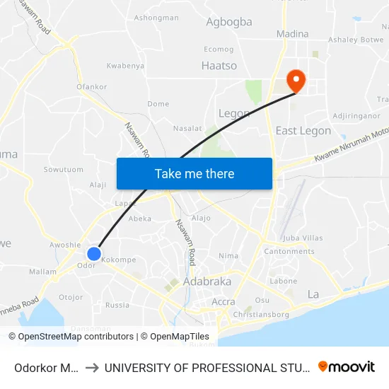 Odorkor Market to UNIVERSITY OF PROFESSIONAL STUDIES (UPSA) map