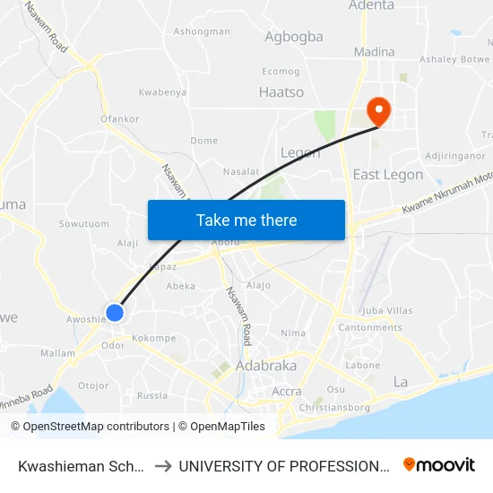 Kwashieman School Junction to UNIVERSITY OF PROFESSIONAL STUDIES (UPSA) map